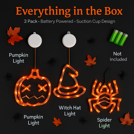 Halloween Window Light Trio: Spider, Witch Hat & Pumpkin