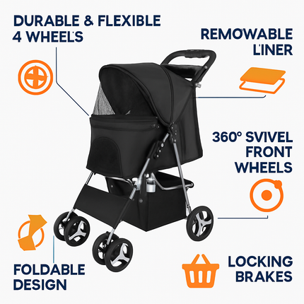 Pet Stroller Foldable Carrier with Storage Basket