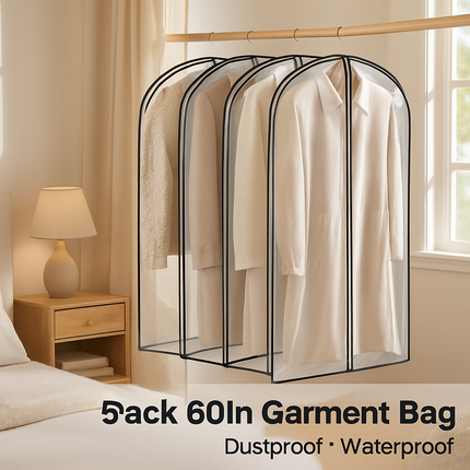 5 Pack 60In Garment Bag for Hanging Clothes Dustproof Waterproof Hanging Clothes Storage Bag Clear Transparent Suits Cover for Sweater Jacket Coat Dre