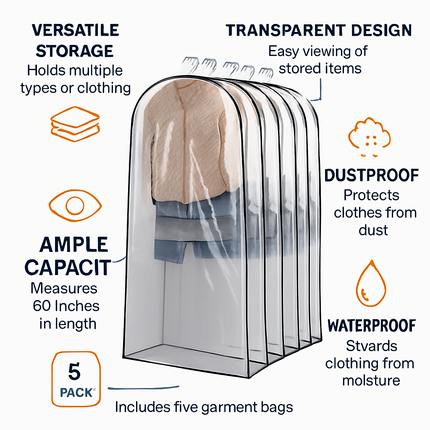 5 Pack 60In Garment Bag for Hanging Clothes Dustproof Waterproof Hanging Clothes Storage Bag Clear Transparent Suits Cover for Sweater Jacket Coat Dre