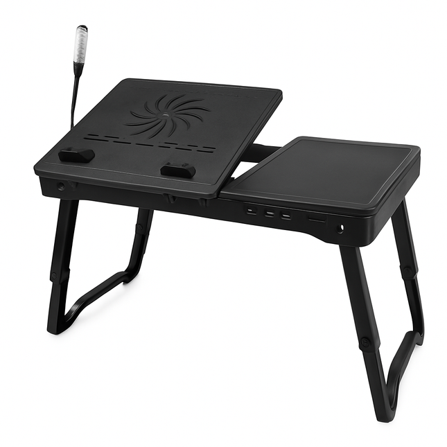Foldable Laptop Table Bed Notebook Desk w/Cooling Fan Mouse Board LED light 4 x USB Ports Breakfast Snacking Tray with Storage Groove For Home Office