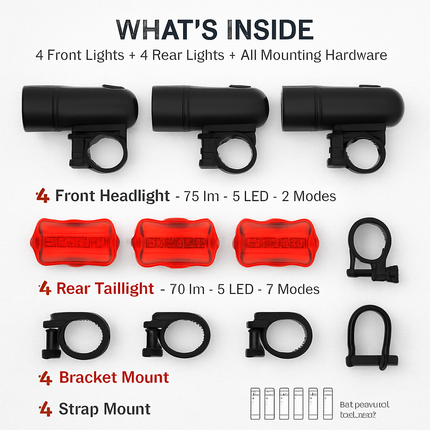 Bike Front and Rear Light Set for Secure Handlebar Mounting