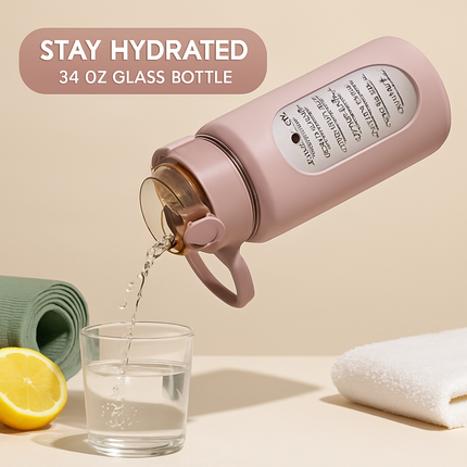 Glass Water Bottle with Straw and Time Marker