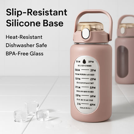 Glass Water Bottle with Straw and Time Marker