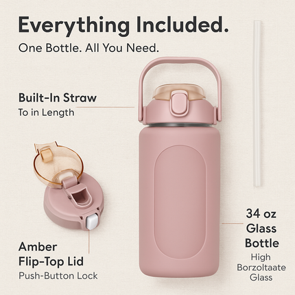 Glass Water Bottle with Straw and Time Marker