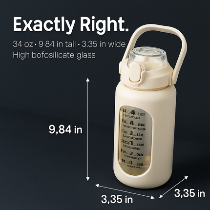 Glass Water Bottle with Straw and Time Marker