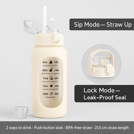 Glass Water Bottle with Straw and Time Marker