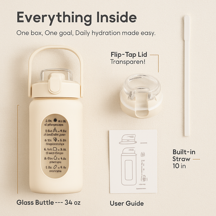 Glass Water Bottle with Straw and Time Marker