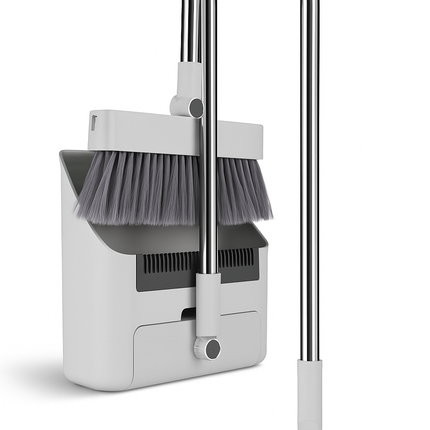 4-in-1 Upright Broom and Dustpan Set - Stainless Steel Handle