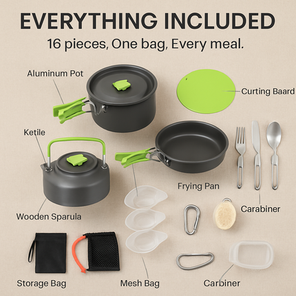 Camping Cookware Set 16Pcs Pot Pan Kettle with Bowls