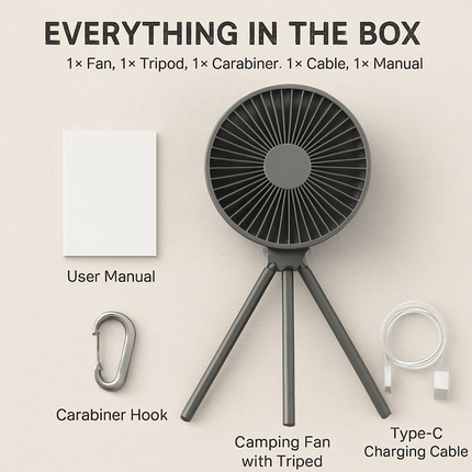 Portable Camping Fan with 3 Speeds and Rechargeable Battery