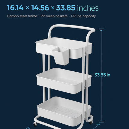 3-Tier Rolling Utility Cart with Mesh Baskets