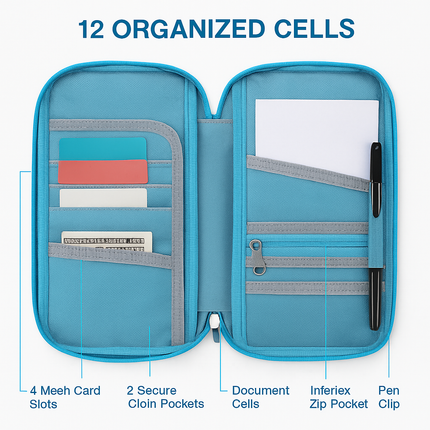 Travel Passport Wallet 12Cells Ticket ID Credit Card Holder Water Repellent Documents Phone Organizer Zipper Case Business Trip Daily Use