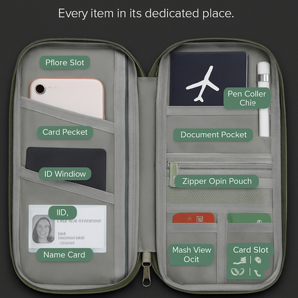 Travel Passport Wallet 12Cells Ticket ID Credit Card Holder Water Repellent Documents Phone Organizer Zipper Case Business Trip Daily Use