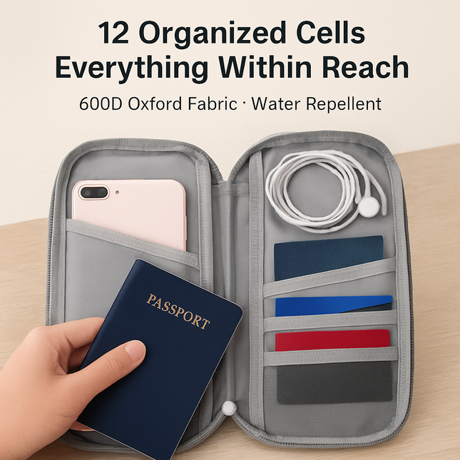 Travel Passport Wallet 12Cells Ticket ID Credit Card Holder Water Repellent Documents Phone Organizer Zipper Case Business Trip Daily Use
