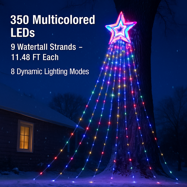 11.48FT 350LED Multicolored Christmas Star Waterfall Tree String Light Indoor Outdoor Waterproof String Lights With Star Topper 8 Light Modes Memory F