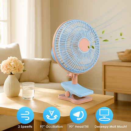 8.66In Oscillating Clip On Fan 2 Speeds Quiet Clamp Fan with 90° Oscillating & Tilting Angle Desktop Wall Mount for Home Office Dorms Strollers