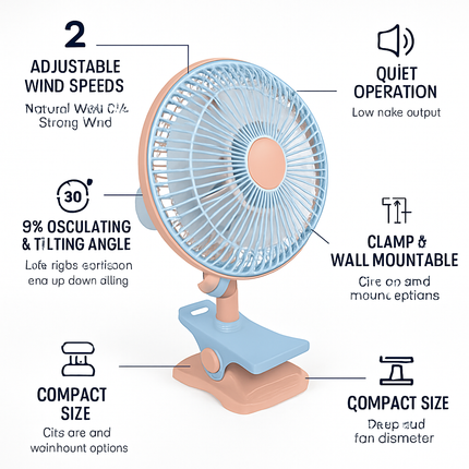 8.66In Oscillating Clip On Fan 2 Speeds Quiet Clamp Fan with 90° Oscillating & Tilting Angle Desktop Wall Mount for Home Office Dorms Strollers