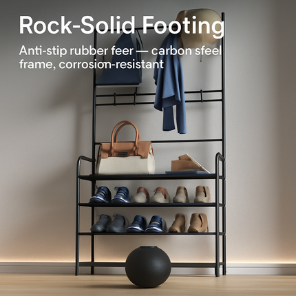 Entryway Coat Rack and Shoe Storage Shelf Black 4-Tier