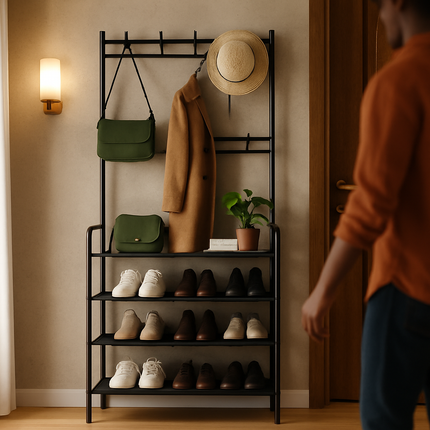 Entryway Coat Rack and Shoe Storage Shelf Black 4-Tier
