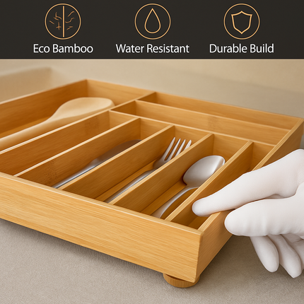 Bamboo Expandable Cutlery Tray Organizer with Dividers