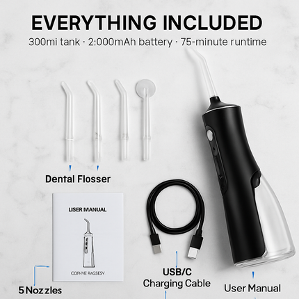 Portable Water Dental Flosser Cordless Rechargeable Dental Oral Irrigator IPX7 Waterproof Teeth Cleaner with 4 Modes 4 Nozzles 10.15oz Detachable Wate
