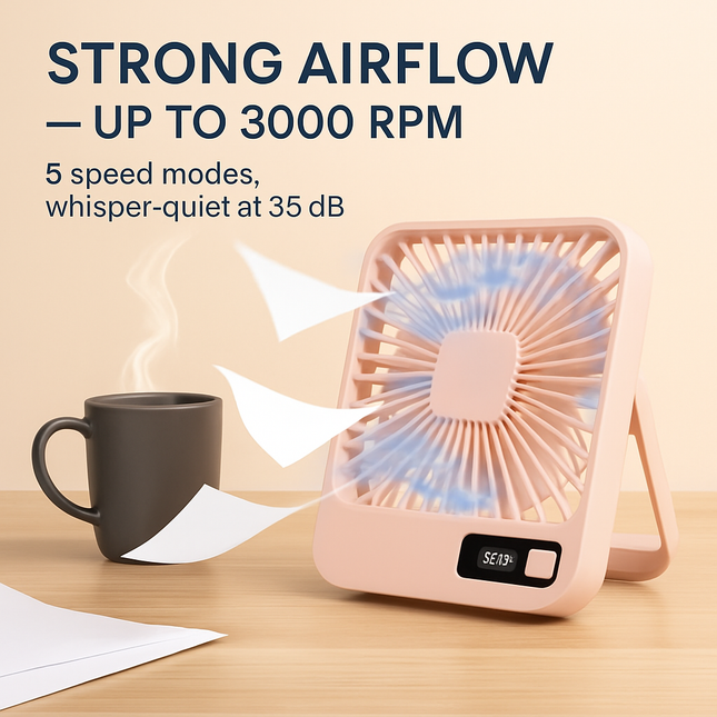 Mini Desktop Cooling Fan with LCD Display and Quiet Airflow