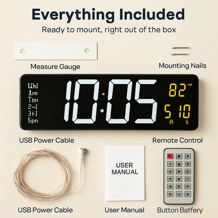 LED Digital Wall Clock with Remote - 12/24h, 3 Alarms