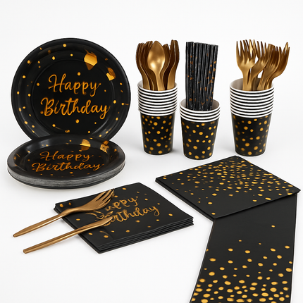 Black & Gold Birthday Dinnerware Set for 25 Guests