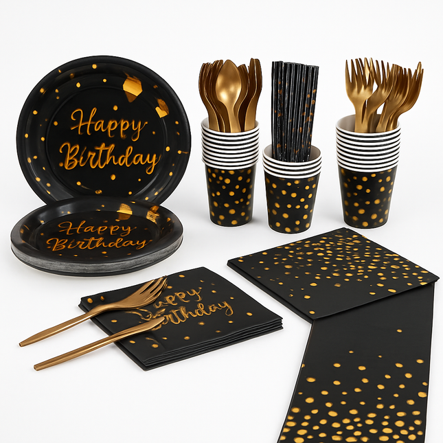 Black & Gold Birthday Dinnerware Set for 25 Guests