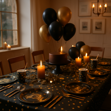 Black & Gold Birthday Dinnerware Set for 25 Guests