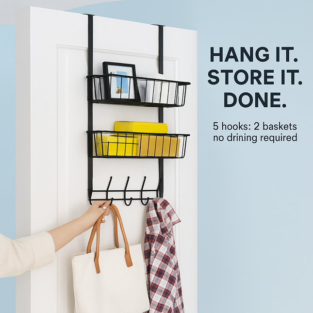 Over The Door Hooks Organizer with 5 Hooks and 2 Baskets