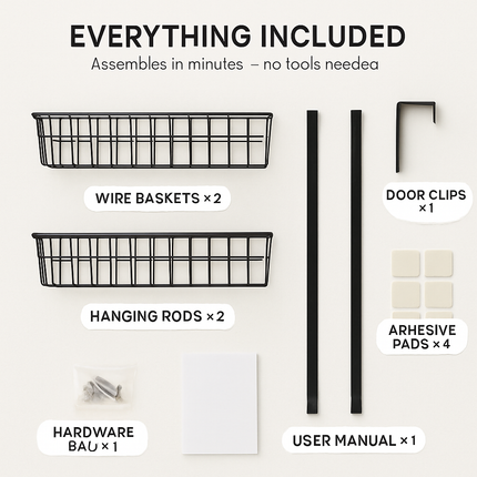 Over The Door Hooks Organizer with 5 Hooks and 2 Baskets