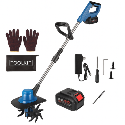 800W 21V Cordless Tiller Cultivator 3.0Ah Battery Powered Tiller with 8.66" Width 6.69" Depth Manganese Steel Tines for Soil Cultivation Weeding Garde