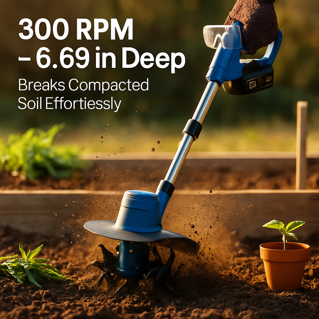 800W 21V Cordless Tiller Cultivator 3.0Ah Battery Powered Tiller with 8.66" Width 6.69" Depth Manganese Steel Tines for Soil Cultivation Weeding Garde