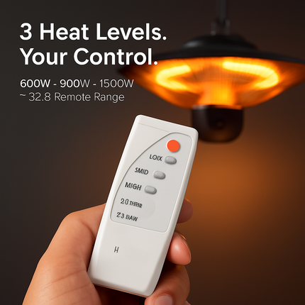 1500W Outdoor Patio Heater Electric Hanging Heated Ceiling Mounted Heating Lamp IP23 Waterproof with 3 Heating Levels 30Mins/60Mins Timer 2 Remote Con