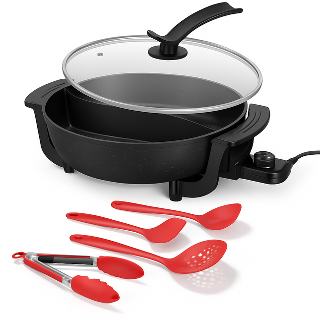 6L Electric Hot Pot with Divider 1100W Dual-Flavor Pot Shabu Shabu Pot Non-Stick with 5-Temp Control for Shabu Shabu Fondue Perfect for Family Gatheri