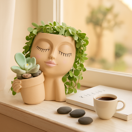 Girl Face Planter Pot with Dual Openings for Succulents