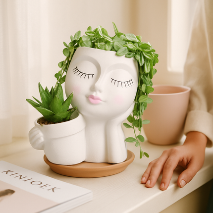 Girl Face Planter Pot with Dual Openings for Succulents