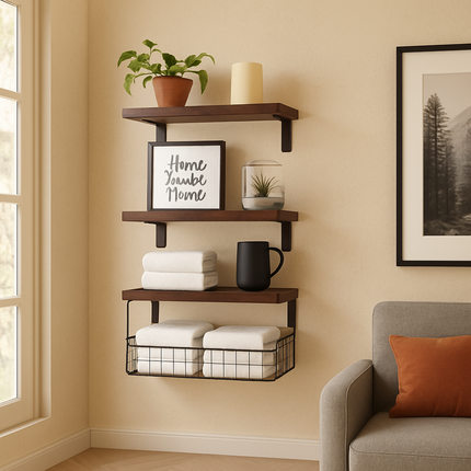 2-in-1 Floating Shelves with Storage Basket