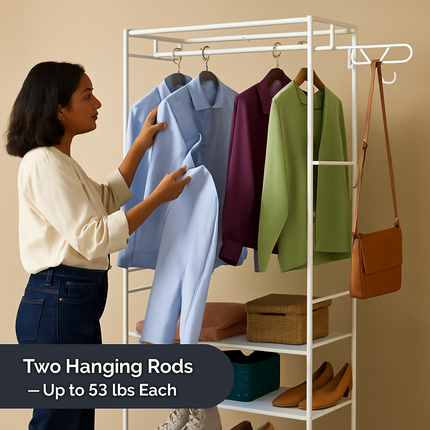 Metal Garment Rack with Shelves and Dual Hanging Rods