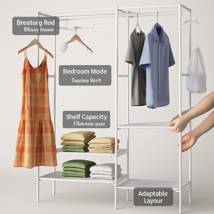 Metal Garment Rack with Shelves and Dual Hanging Rods