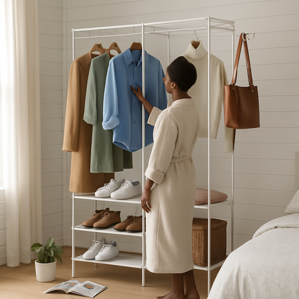 Metal Garment Rack with Shelves and Dual Hanging Rods