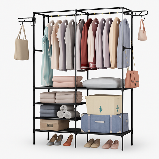 Metal Garment Rack with Shelves and Dual Hanging Rods