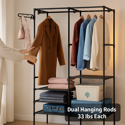 Metal Garment Rack with Shelves and Dual Hanging Rods