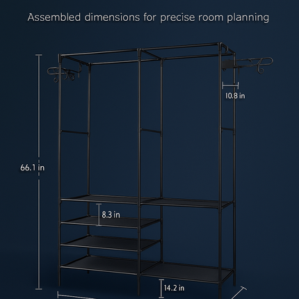 Metal Garment Rack with Shelves and Dual Hanging Rods