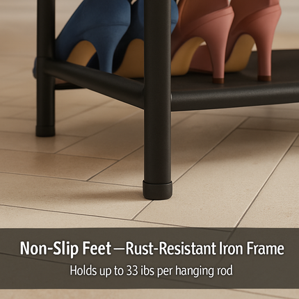Metal Garment Rack with Shelves and Dual Hanging Rods