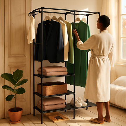 Metal Garment Rack with Shelves and Dual Hanging Rods