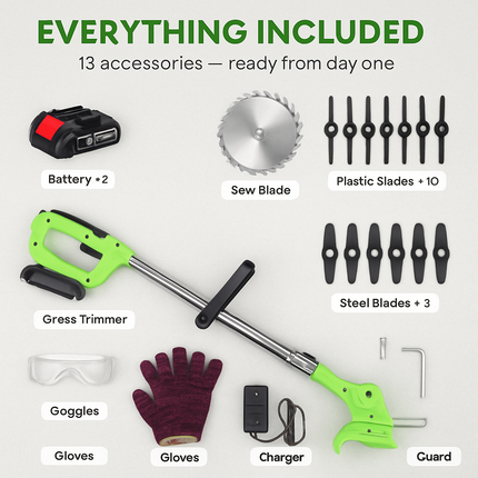 Cordless Grass Trimmer with Saw & Multi-Blade Kit