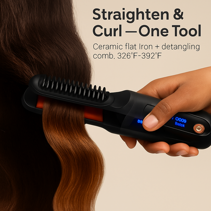 2 In 1 Ceramic Hair Straightener Flat Iron Cordless Hair Straightener Brush Hair Portable Styling Iron with Carry Bag Anti-scald Gloves 2 Hairpins